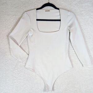 Free People White Square Neck Long Sleeve Bodysuit